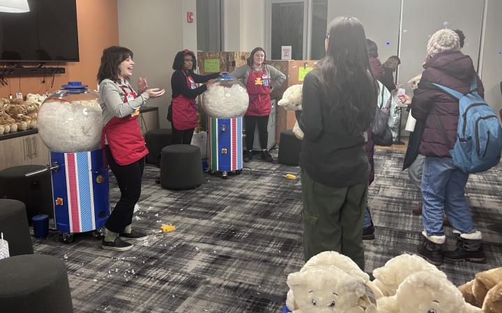 Students participating in the free Build-A-Bear event..