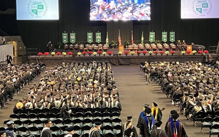 Academic procession enters the Wolstein Center for the fall 2023 commencement ceremony at CSU, Dec. 16, 2023.