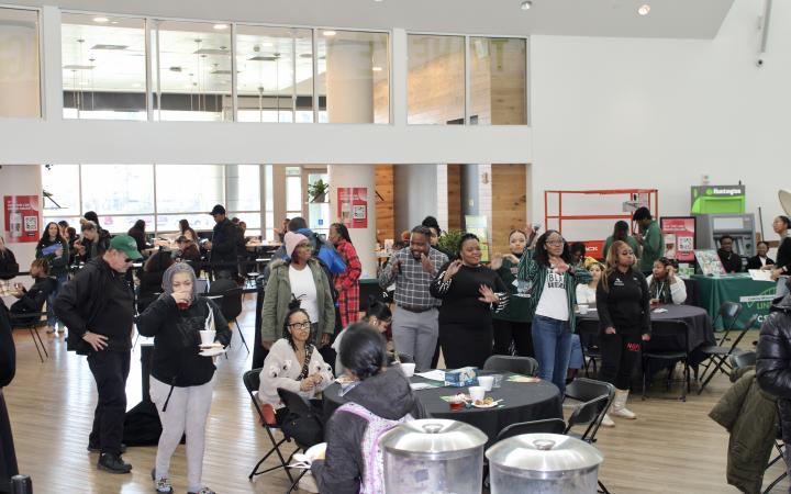 Students and Faculty line dance to the song Wobble, which is played by DJ Shonny Mac at CSU’s Celebrate Black History event in the student center on Thursday, Feb. 1.
