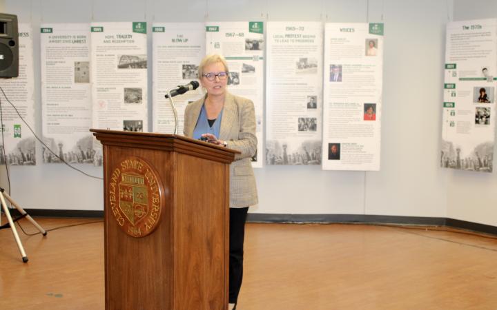 CSU President Laura Bloomberg gives a speech introducing the Protest to Progress exhibit in Berkman Hall’s first-floor atrium on Thursday, Feb. 1.