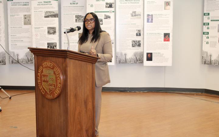 CSU Vice President of Divison of Student Belonging and Success, Dr. Tachelle Banks, gives a speech at the opening of the Protest to Progress exhibit in Berkman Hall’s first-floor atrium on Thursday, Feb. 1.