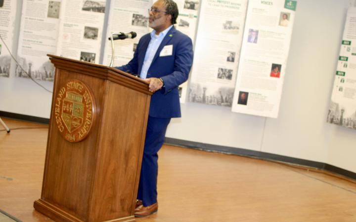 CSU Africana studies director, Dr. Thomas Bynum, gives a speech at the opening of the Protest to Progress exhibit in Berkman Hall’s first-floor atrium on Thursday, Feb. 1.