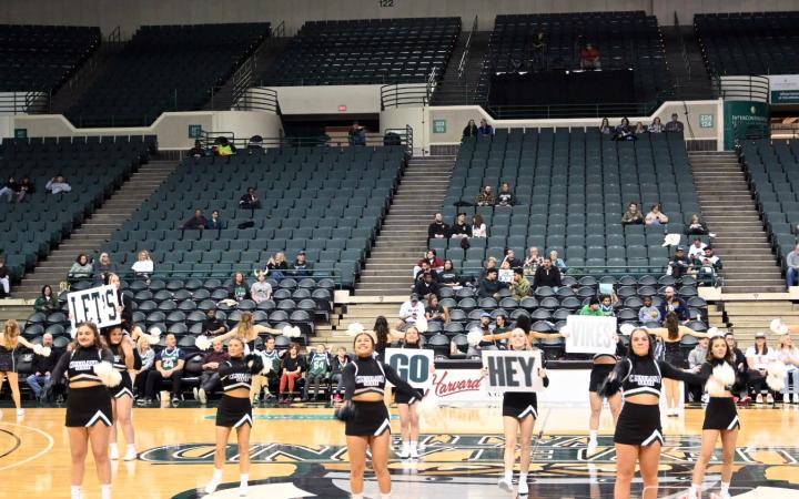 Cleveland State University cheerleaders during half-time, Feb. 3, 2024.