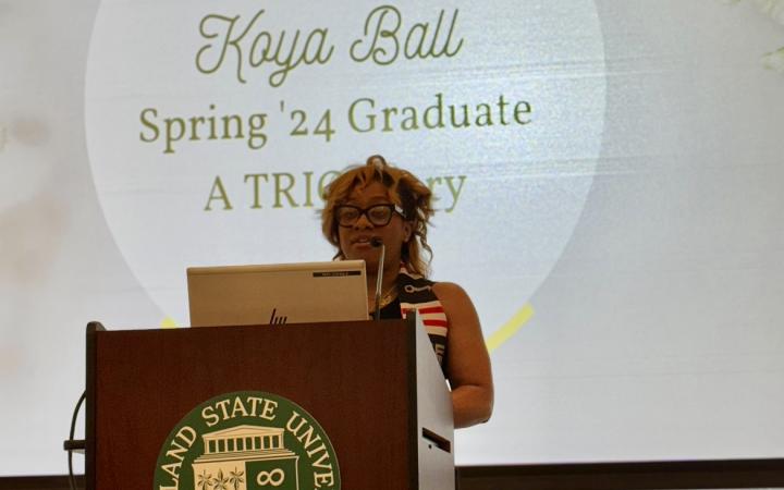 CSU’s Campus 411 Administrative Assistant and 2024 TRIO graduate Koya Ball speaks at the awards ceremony (credit: Koya Ball)