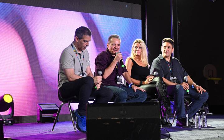 (from left to right) Ed Boon, John Tobias, Kerri Hoskins and Sal Divita answer audience questions from fans of Mortal Kombat, Sept. 21, 2024. (credit: Alex Martinez)