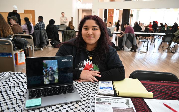 Vice President of Students for Justice in Palestine (SJP) Ruby Darwish showcases videos for support of Palestine. (credit: Alex Martinez)