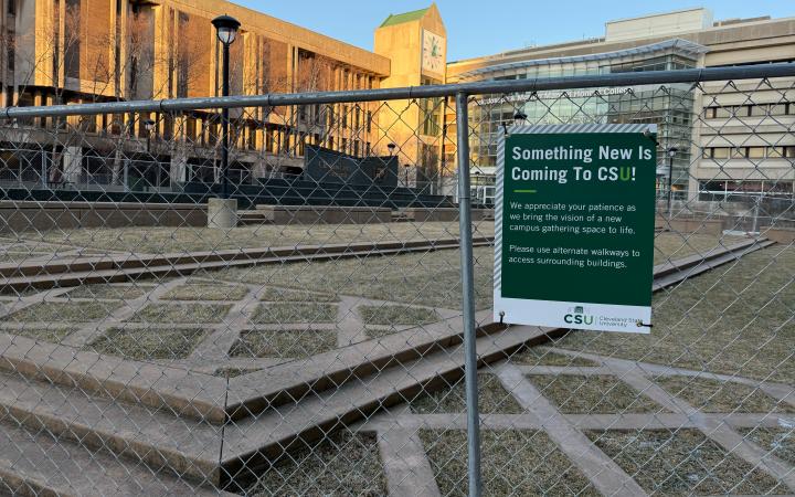 Plaza renovations begin outside the Student Center between Rhodes Tower.