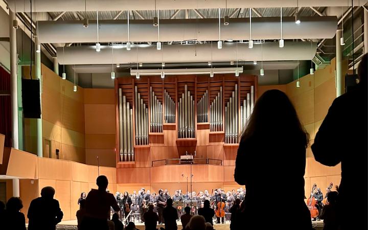 Audience members show their appreciation to the orchestra with a standing ovation. 