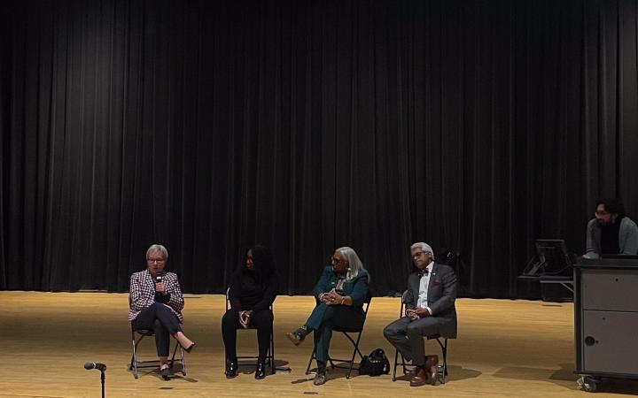 Pictured from the left, CSU President Dr. Laura Bloomberg, vice presidents Tachelle Banks, Ph.D. and Sonali Wilson, J.D., and Provost Dr. Nigamanth Sridhar attend the SGA listening session on March 18, 2025.
