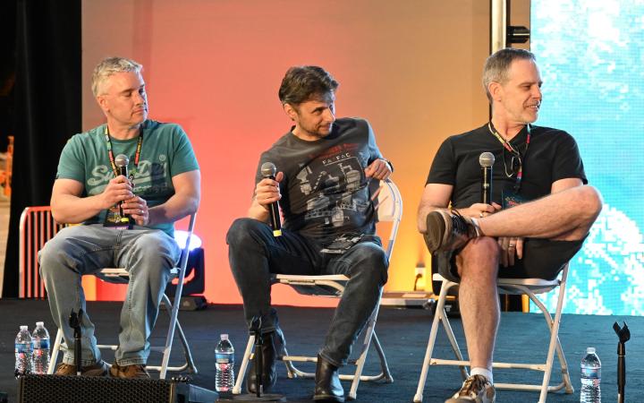  (from left to right) Steve Mayles, Kevin Bayliss and Grant Kirkhope, composer and artists who previously worked at Rare, go over a fan Q/A session at the main stage. (credit: Alex Martinez)