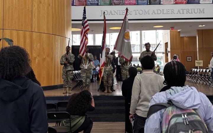 John F. Kennedy High School JROTC and the audience standing for “The Star-Spangled Banner”, Nov. 6, 2025. (credit: Anthony Reed)