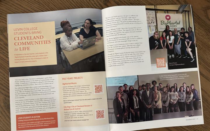 This section of the fall issue of Levin Leads features Levin students in the Digital Content Production minor who worked with the City of Cleveland creating digital content that highlighted Cleveland's community, police, landmarks and administration.  (credit: Alex Martinez)