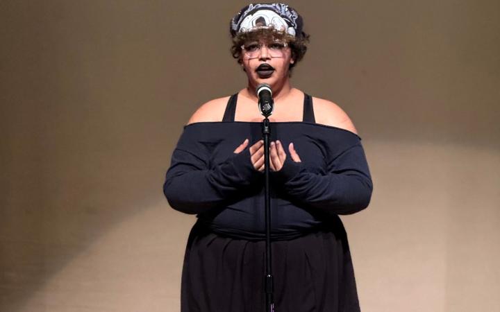 Tobin Norman’s performance of “Abbey” by Mitski showcased their beautiful, powerful voice, with strong vocals that left the audience hanging on every note. (credit: Grace Salter)