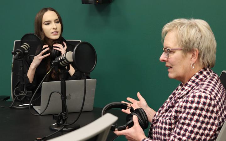 Stater Editor-in-Chief Jane Matousek, left, prepares to interview CSU President Laura Bloomberg, Ph.D., Dec. 2, 2025.