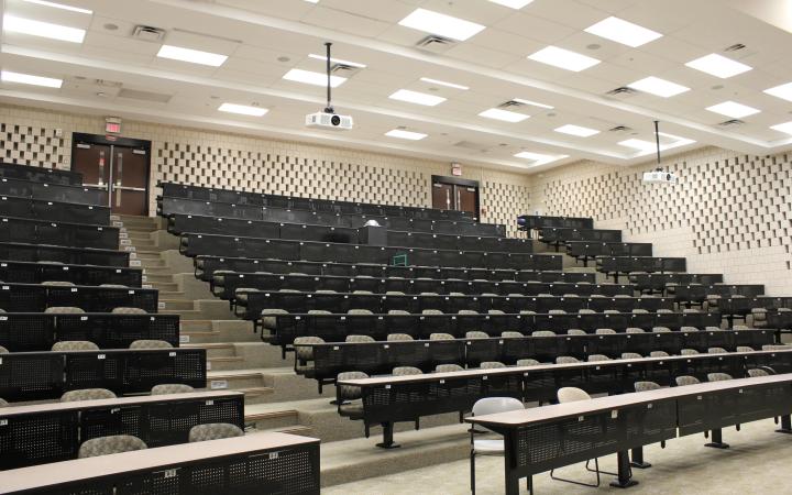 Empty Berkman Hall lecture hall on Jan. 15, 2026.