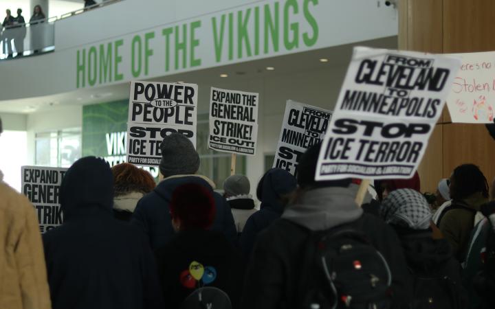 The first floor of the student center filled with students carrying handmade signs and bundling up against the cold on Friday, Jan. 30, as participants walked out of classes for an anti-ICE demonstration in Public Square. 