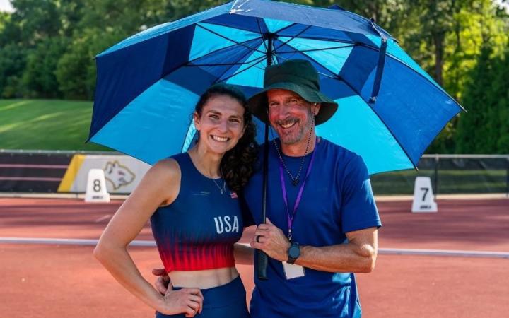Madison Luthy poses with her dad at the Women's Decathlon Championships at Oberlin College in Oberlin, Ohio, on Aug. 8-9, 2026.
