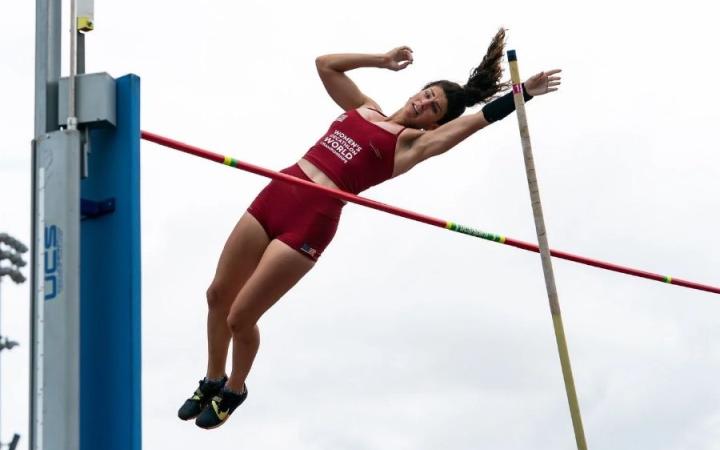Madison Luthy competes in the pole vault at the Women's Decathlon Championships, at Oberlin College in Oberlin, Ohio, Aug. 8-9,  2025. (Picture caption: Madison Luthy)