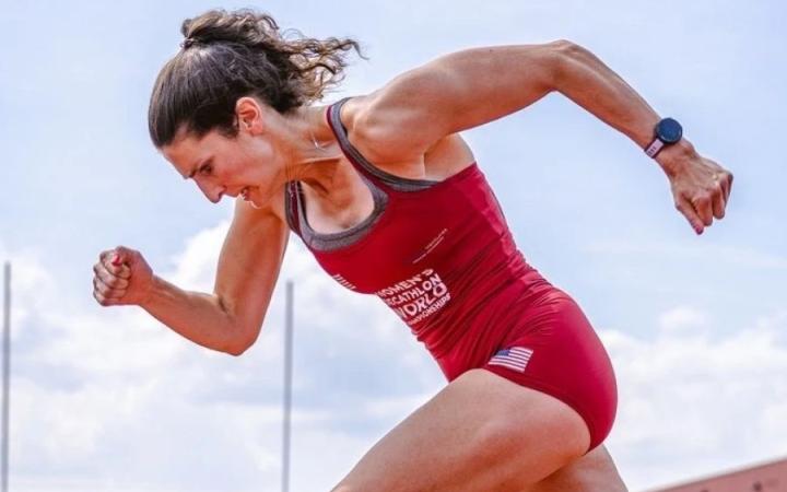 Madison Luthy warms up for long jump at the Women's Decathlon Championships at Oberlin College in Oberlin, Ohio, Aug. 8-9, 2025.