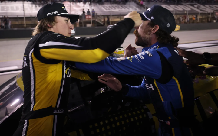 Hocevar, left, and Blaney, right, fighting after an incident at Bristol Motor Speedway.