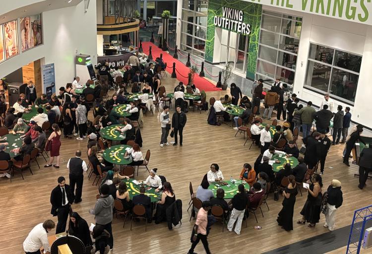 A wide shot of the first floor of CABsino in the CSU Student Center Atrium