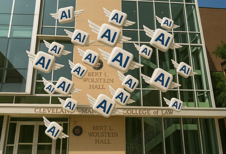 AI-generated flock of AI blocks flying towards the CSU law building.