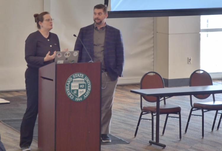 CSU Faculty Senate President Carol Olszewski, Ph.D., and Associate Vice President for Hospitality and Facility Services Nick Vande Velde outlined recent organizational changes, staffing expansions and ongoing infrastructure challenges, Feb. 18, 2026, at the Cleveland State Faculty Senate meeting.