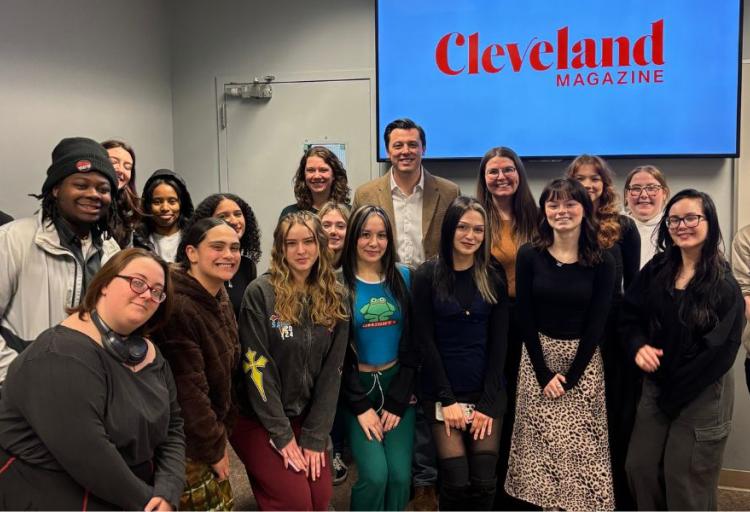 Members of CSU Society of Professional Journalists pose for a photo with staff from Cleveland Magazine following the panel discussion at Cleveland State University on March 5, 2026.