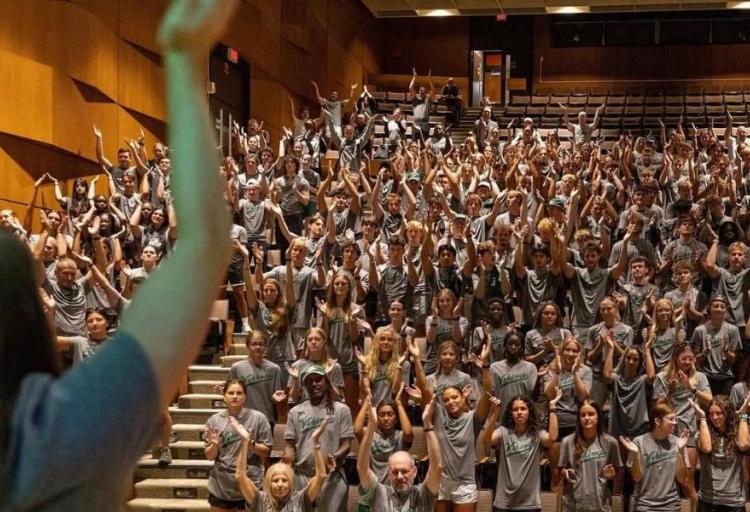 Cleveland State student-athletes do the Viking Clap at a SAAC meeting during the 2025-2026 school year.