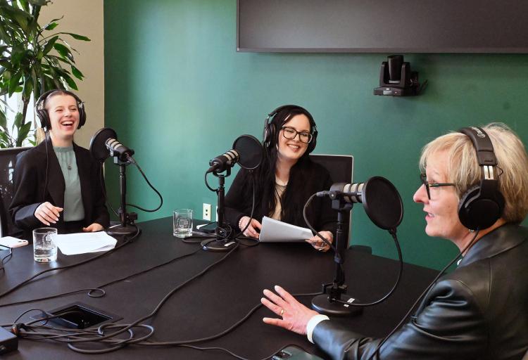 CSU President Laura Bloomberg, Ph.D., right, spoke with The Cleveland Stater's Editor-in-Chief Nicole Wloszek, center, and Deputy Editor-in-Chief Ava Fuduric, left, April 28, 2026.