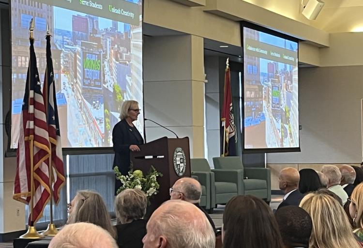 CSU President Laura Bloomberg, Ph.D., speaks to a packed room at the State of the University address, Oct. 14, 2026.