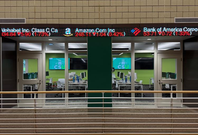 The entrance to the Viking Trading Lab in the Monte Ahuja College of Business at Cleveland State University on Oct. 1, 2026. (credit: Mitchell Wood)