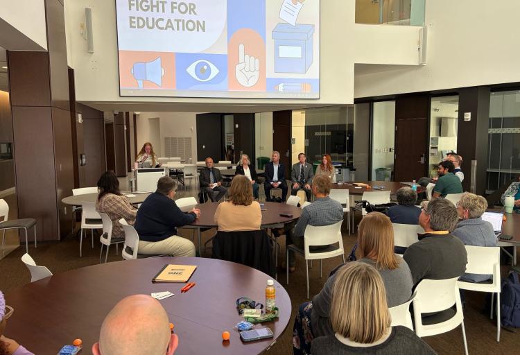 Alissa Burkholder introduces the panelists of The Ballot: A fight for education.