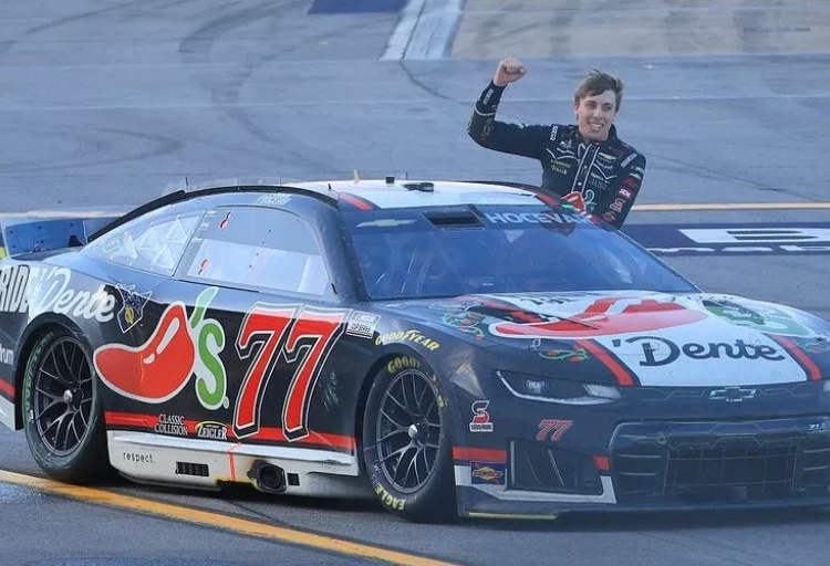 Carson Hocevar celebrates after his first career win, at Talladega Superspeedway on April 26, 2026.