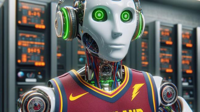 An AI generated image of a robot wearing a Cleveland Cavaliers jersey.