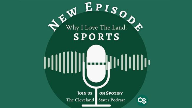 A graphic showcasing a new episode of the podcast, "Why I Love The Land: Sports" with a microphone.