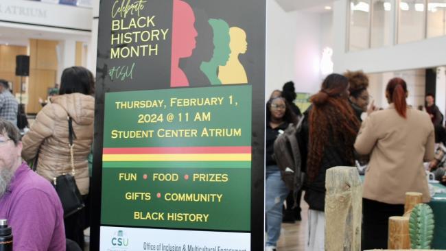 A sign announces CSU’s Celebrate Black History Month event in the student center on Thursday, Feb. 1.