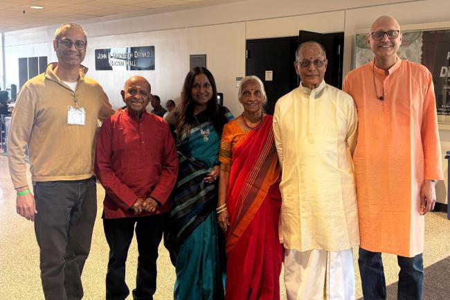 The founding families of the Thyagaraja Festival, from left to right, Shankar Sundaram, R. Balasubramaniam, Radhika Balasubramaniam, Gomathy Balasubramaniam, V.V. Sundaram and Gopi Sundaram, a Cleveland State University, April 5, 2026.