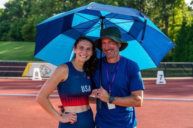 Madison Luthy poses with her dad at the Women's Decathlon Championships at Oberlin College in Oberlin, Ohio, on Aug. 8-9, 2026.