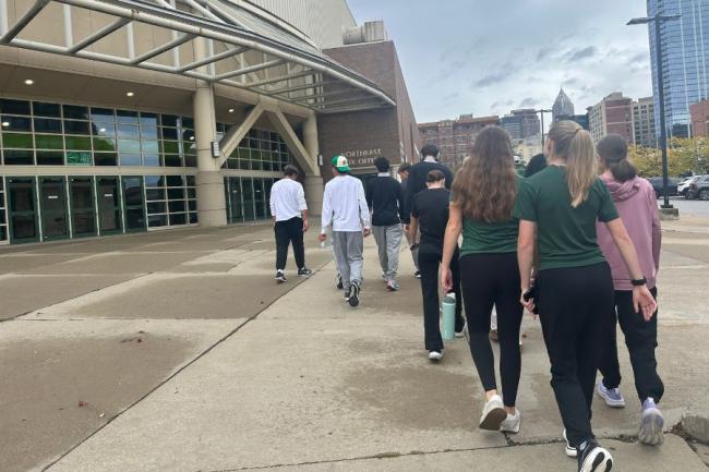 Photo caption: CSU student-athletes walk laps around the Wolstein Center for the wellness walk hosted by Cleveland State Athletics SAAC on Sunday, Oct. 11, 2026. 