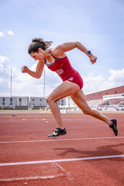 Madison Luthy warms up for long jump at the Women's Decathlon Championships at Oberlin College in Oberlin, Ohio, Aug. 8-9, 2025.