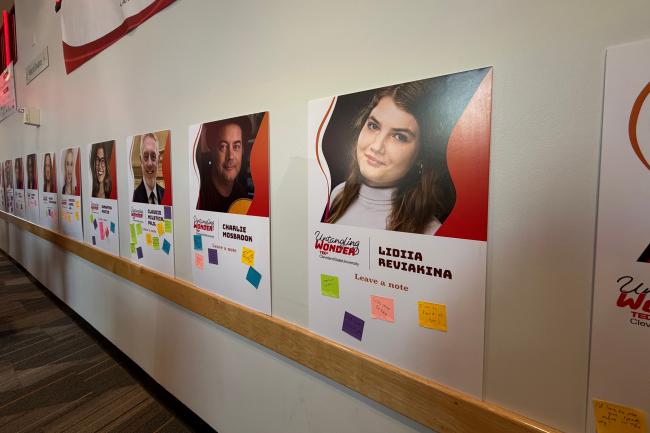Guests were encouraged to write supportive Post-it notes and leave them on the speakers’ headshots outside in the Music and Communications common area at TEDx Cleveland State University on October 23, 2026. (Credit: Aria Ruiz)