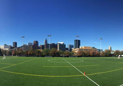 An empty playing field at Cleveland State University.