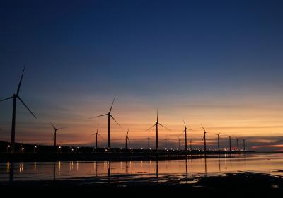 A wind farm harvests energy for electricity generation.