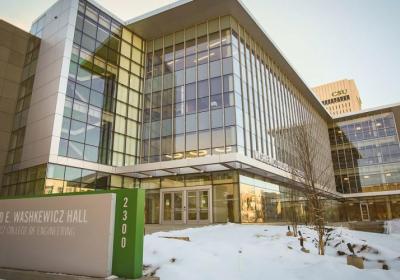 The Washkewicz College of Engineering stands tall on Chester Ave. as part of Cleveland State University’s main campus.