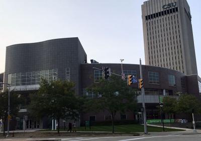 The Student Center in the foreground and Rhodes Tower behind it at Cleveland State University.