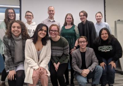 Professor Eric Schearer, Ph.D. (back row, third from left), faculty member in the CSU department of engineering with his students from the course sequence he designed on technology, disabilities and empathy.