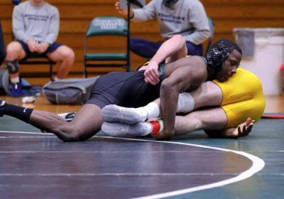 CSU's Anthony Rice (black) scored a win over the Chippewas' Jake Lowell (gold) at 174 pounds.