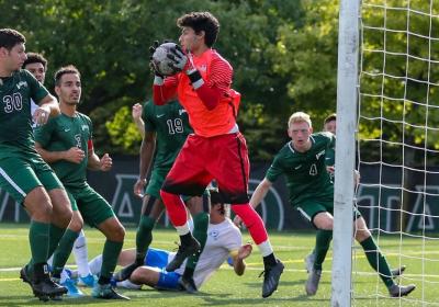 Cleveland State Goalkeeper Omeed Naeemy makes a save for the Vikings.