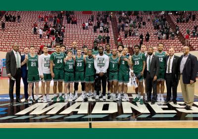 The Vikings gather at center court at the NCAA tournament after their loss to the University of Houston on March 19. 